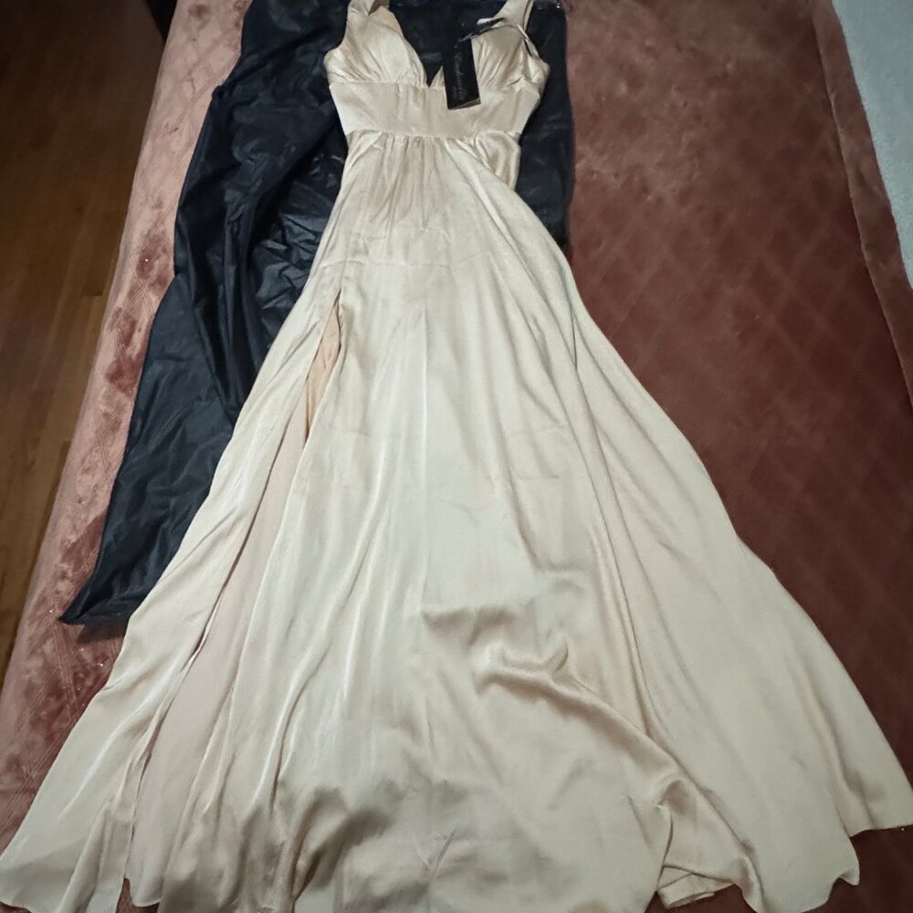 LADivine Bridesmaid 7469 V Neck High Slit Satin Flowy A-Line Dress